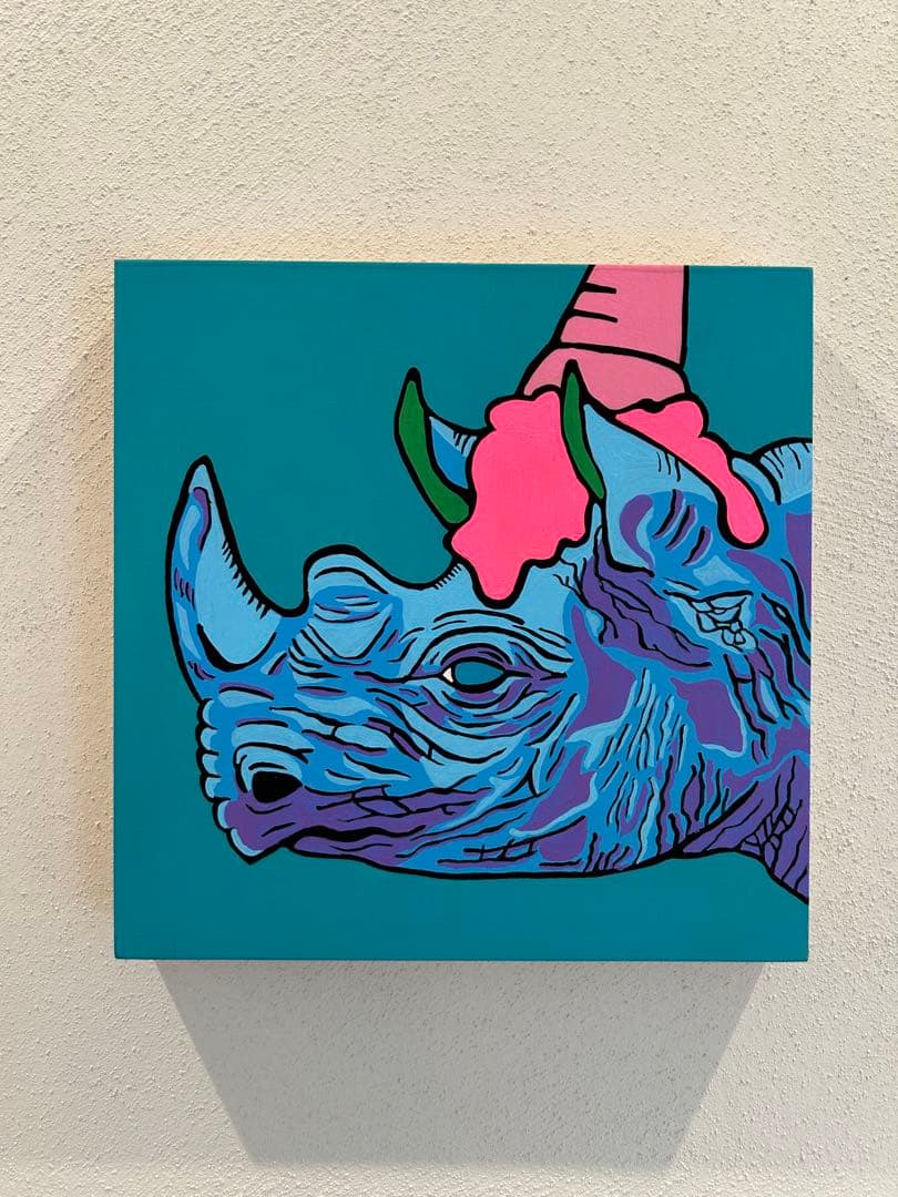 『Rhinocerous & Softcream』　アクリル画　ウッドパネル