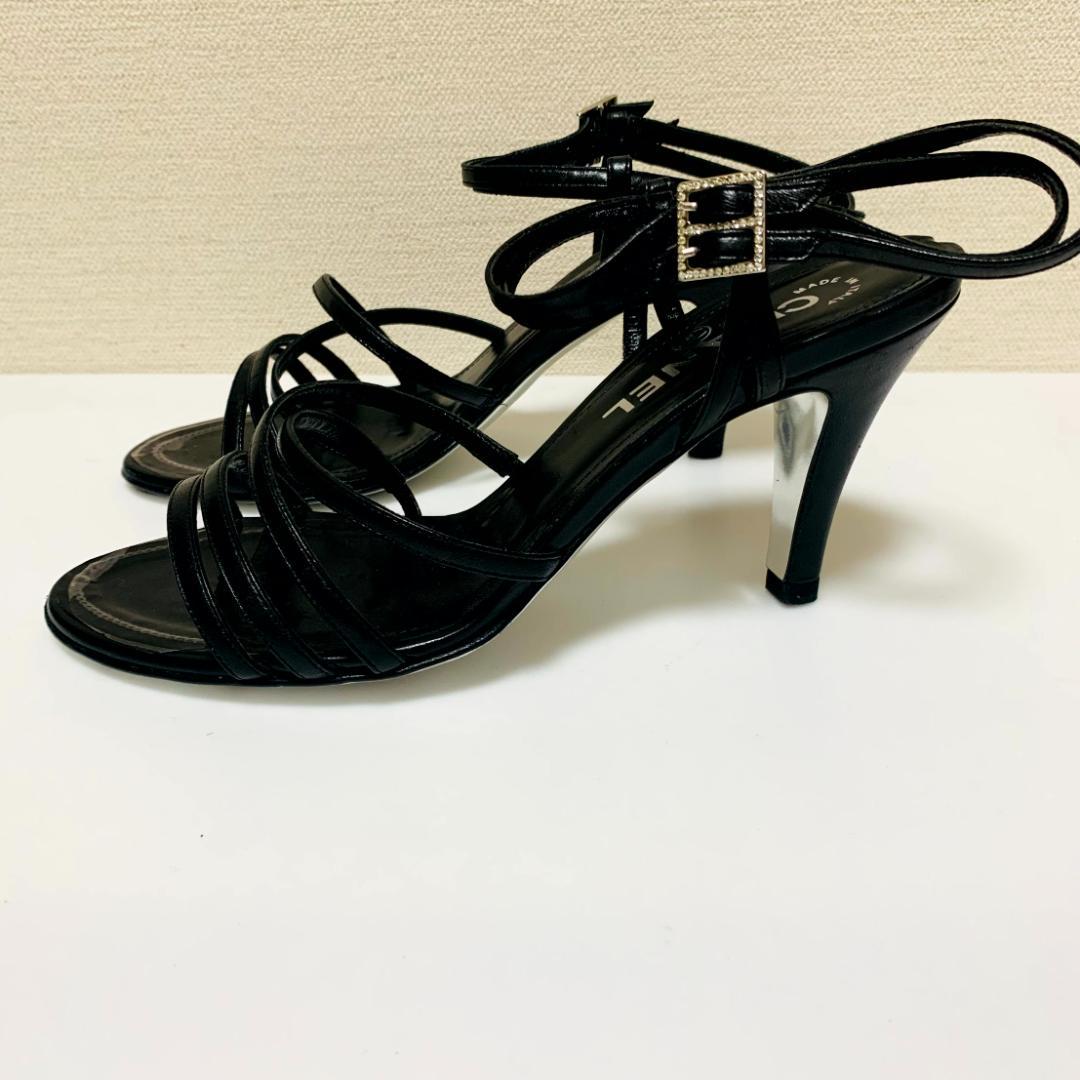 シャネル 黒 ストラップ　サンダル ヒール イタリア製　CHANEL