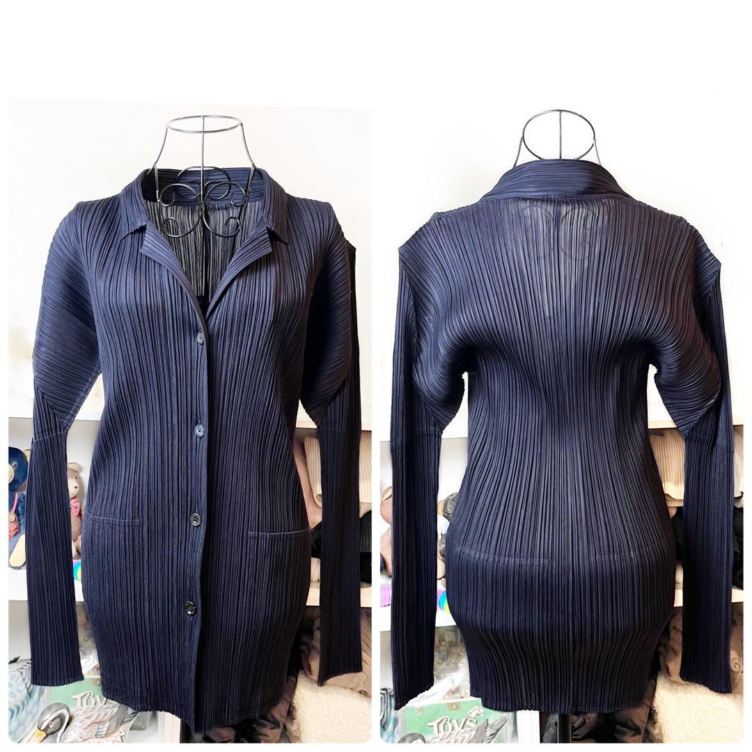 30 プリーツプリーズ カーディガン 襟 大きいサイズ ネイビー 紺 XL 4