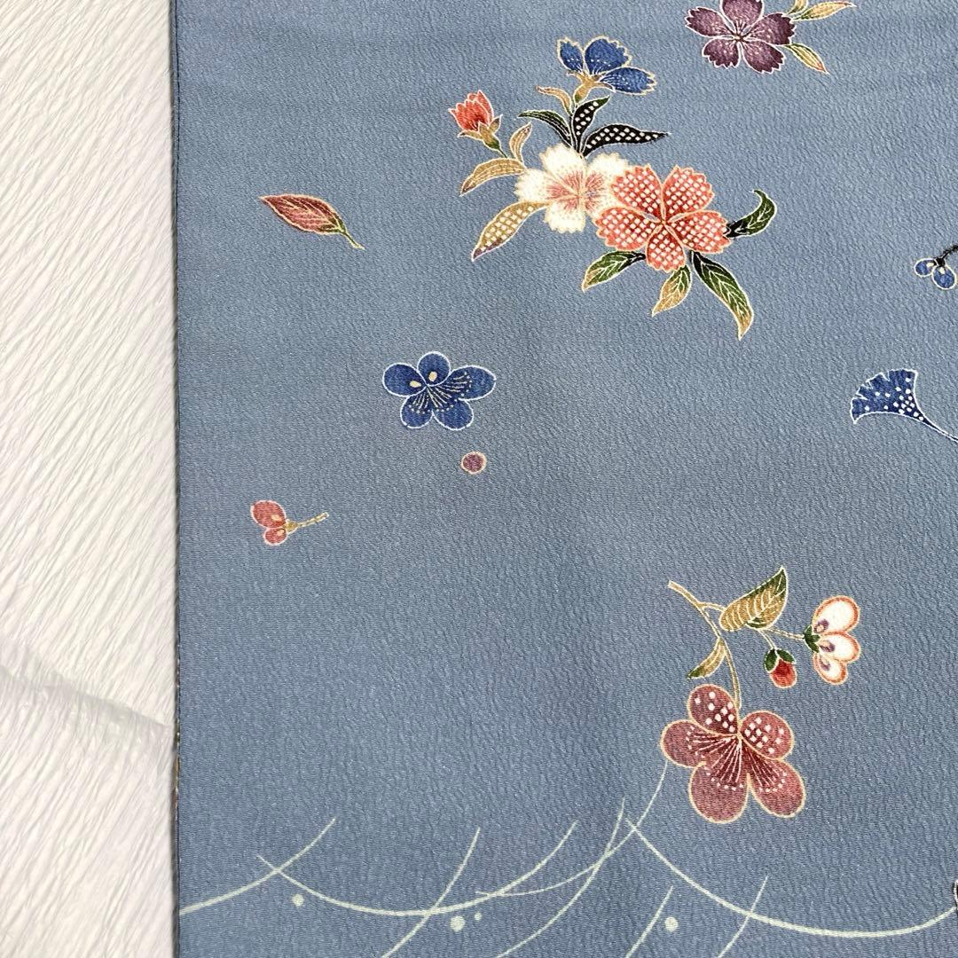 【美品✨】東レシルック　洗える着物　小紋　浅葱鼠色　吹き寄せ風　手縫い仕立てM6