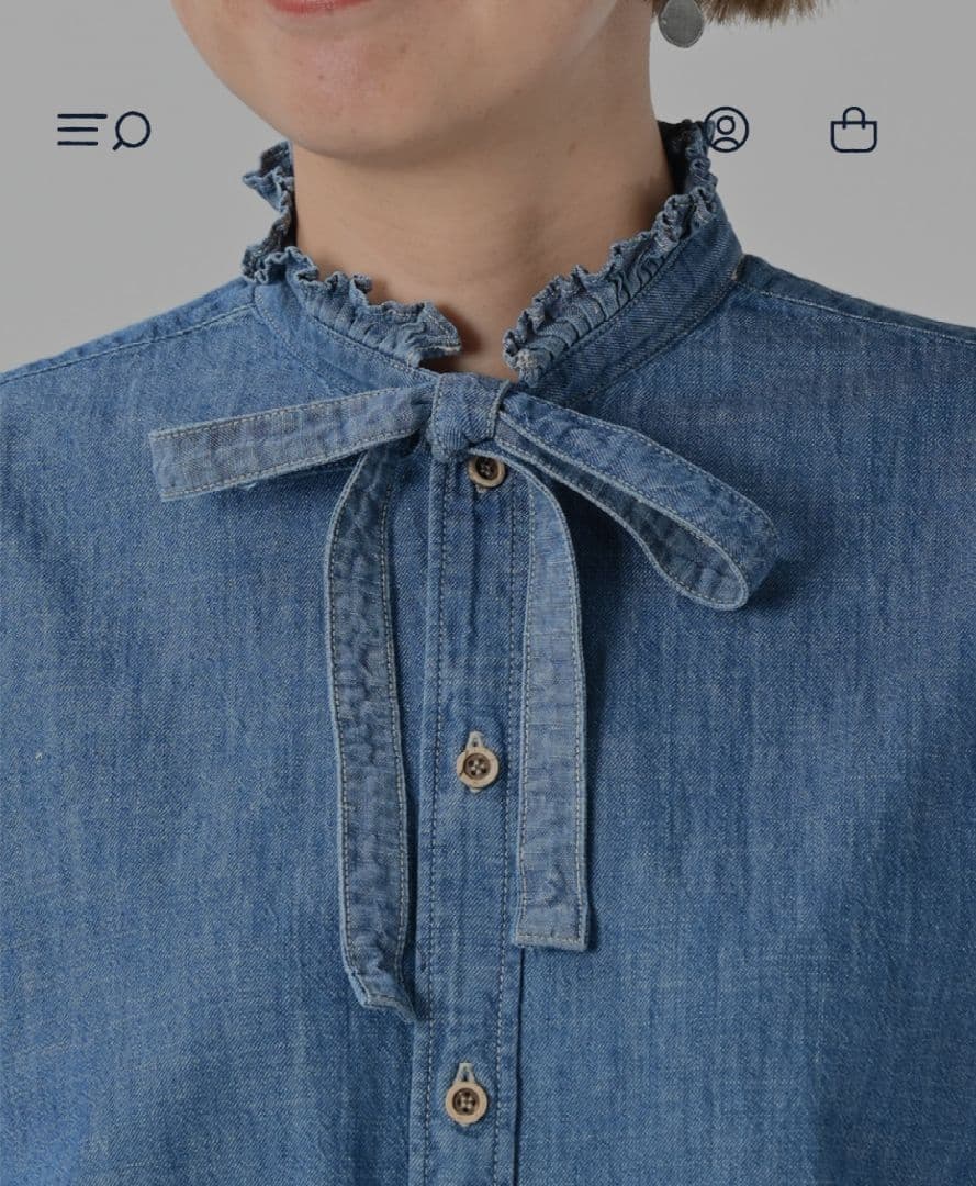 45R 瑠璃ダンガリーデニムのボウタイクッペシャツ（加工）