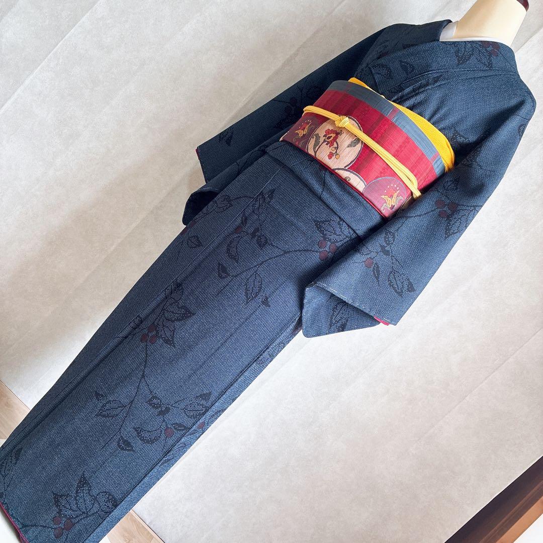 小紋　フルセット　着物　正絹　しつけ糸付き　紺映え　木の実　大人粋　J7