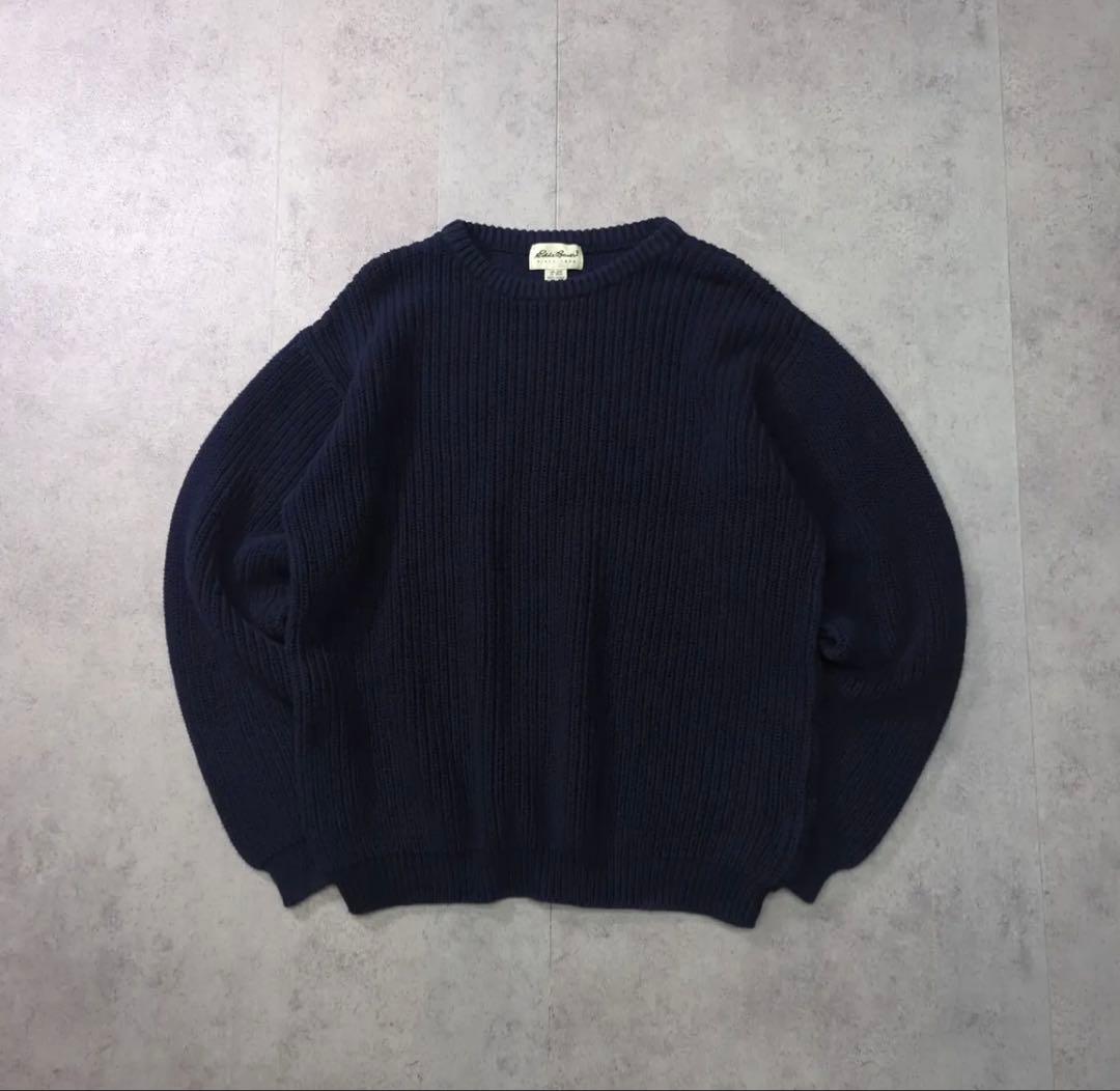90s Eddie Bauer ローゲージ コットンニット L ネイビー