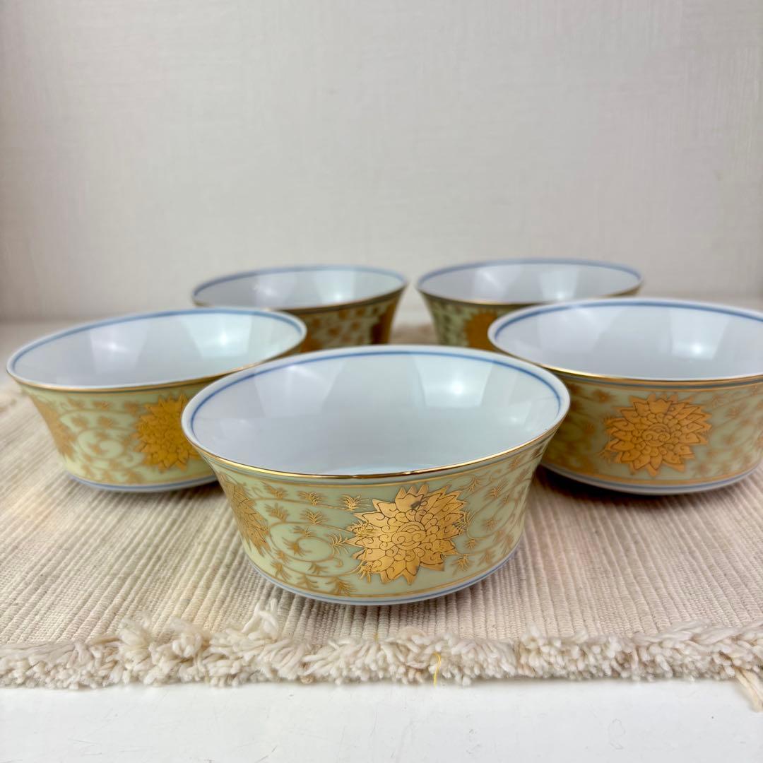 【新品未使用】九谷焼 洋山 向付 小鉢 中鉢 金彩 染付 5客 5点 セット 揃