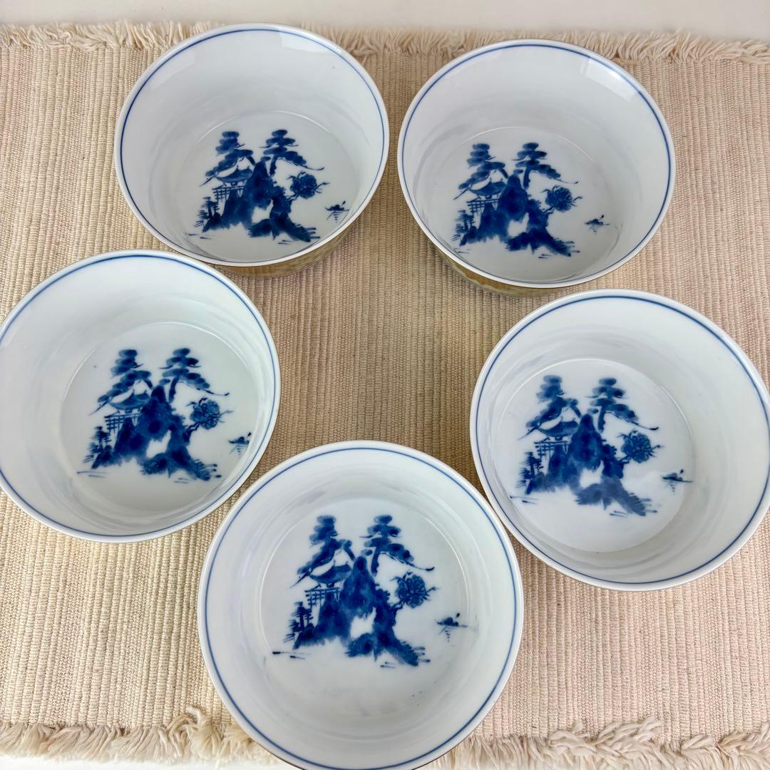 【新品未使用】九谷焼 洋山 向付 小鉢 中鉢 金彩 染付 5客 5点 セット 揃