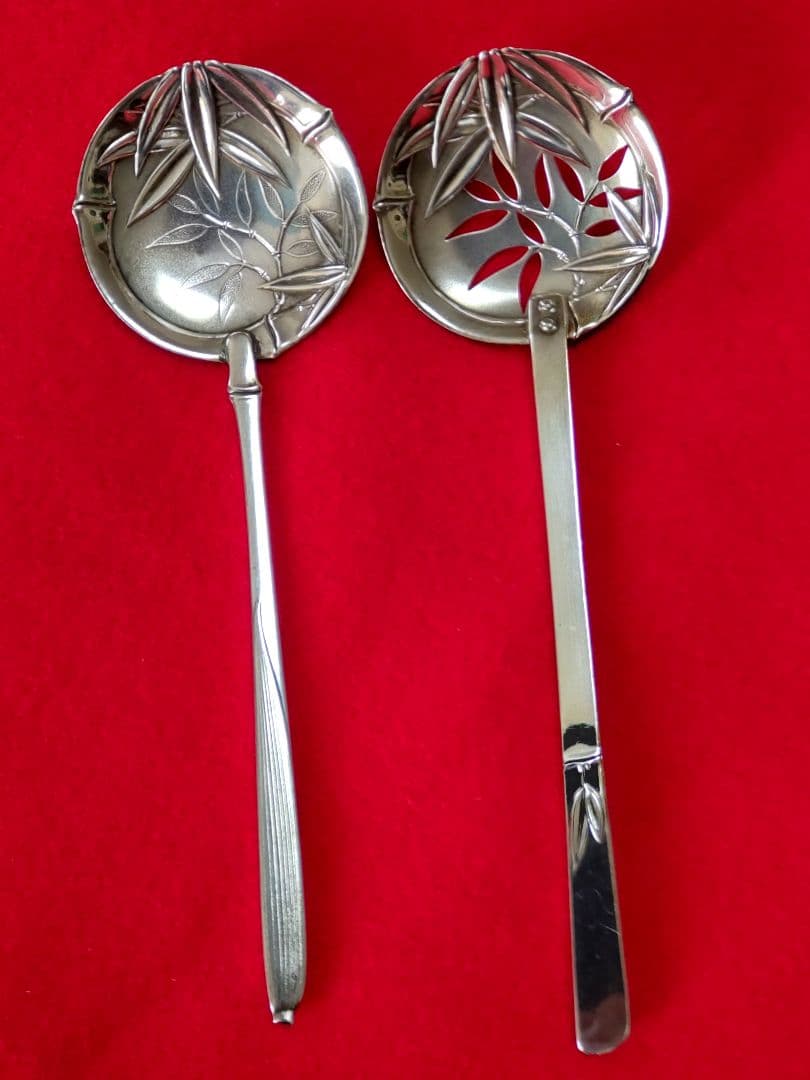 銀製笹模様お取りしゃもじ二点/銀製楊枝