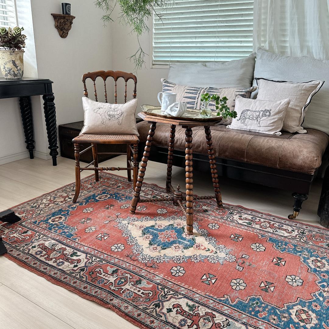 トルコヴィンテージラグ A51 レア オレンジ テラコッタ ネイビー グリーン