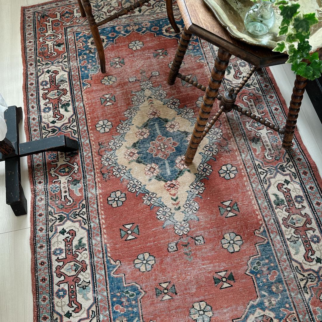 トルコヴィンテージラグ A51 レア オレンジ テラコッタ ネイビー グリーン