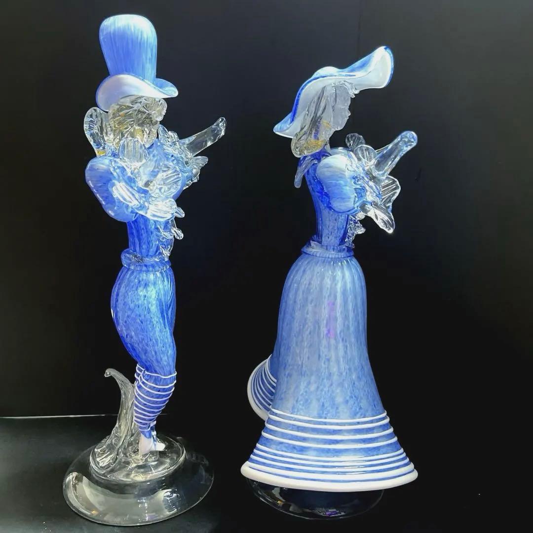 ムラーノ　ベネチアングラス　金彩付き　ブルーガラス人形　ペア　フィギュリン