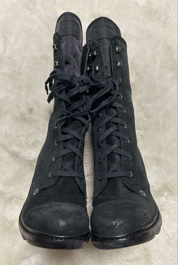 PRADA/レースアップブーツ/size40.5/黒/スエード/サイドジップ