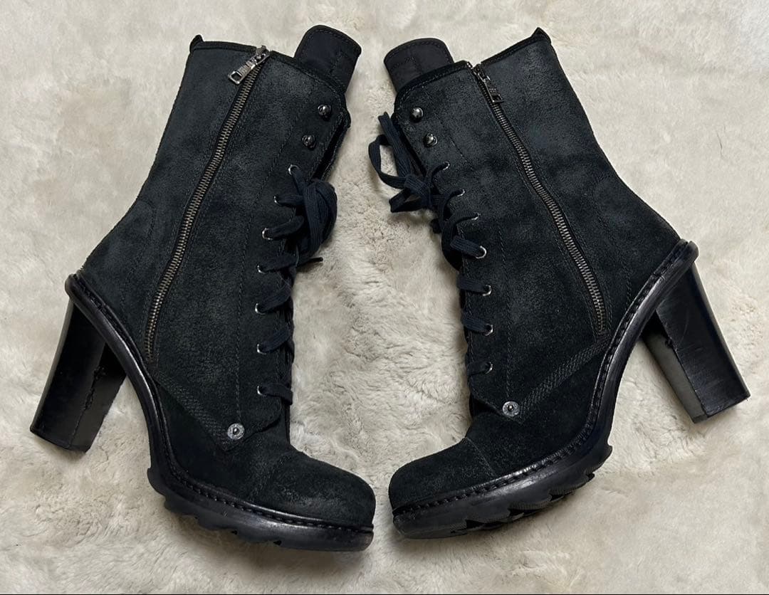 PRADA/レースアップブーツ/size40.5/黒/スエード/サイドジップ