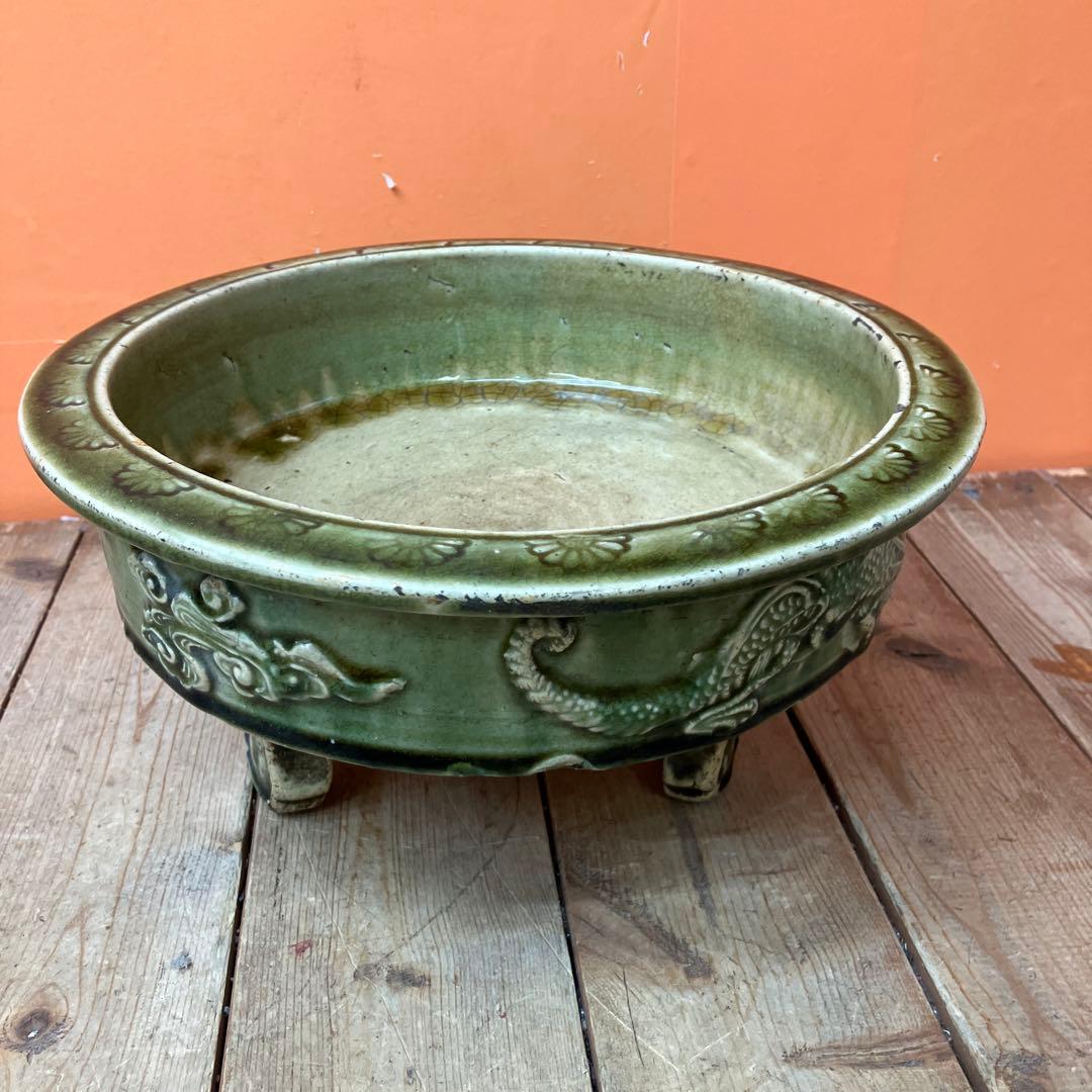 D-壁 盆栽鉢 睡蓮鉢 メダカ鉢 水盤 花器 陶器鉢 龍 雲龍 緑釉 貫入 アン