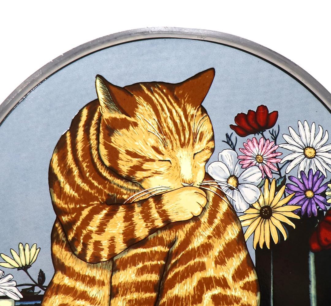 猫とヒナギクの花 ヴィンテージステンドグラス ランドルフ スーザン・パワーズ