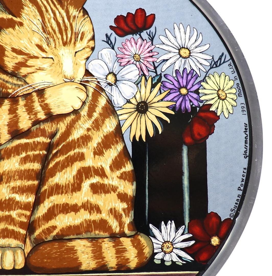 猫とヒナギクの花 ヴィンテージステンドグラス ランドルフ スーザン・パワーズ