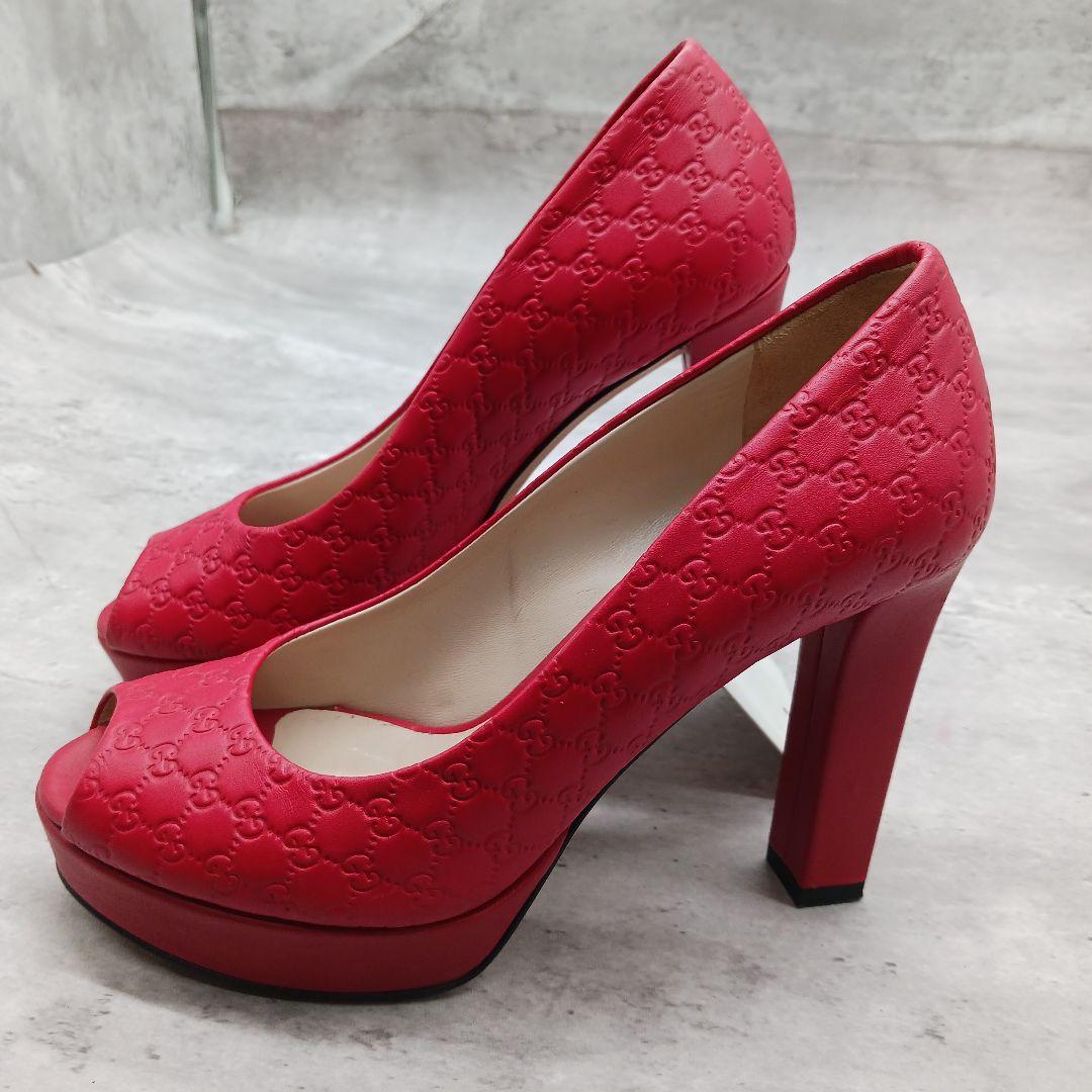 ✨美品✨ グッチ シマレザーオープントゥパンプス レッド 34.5