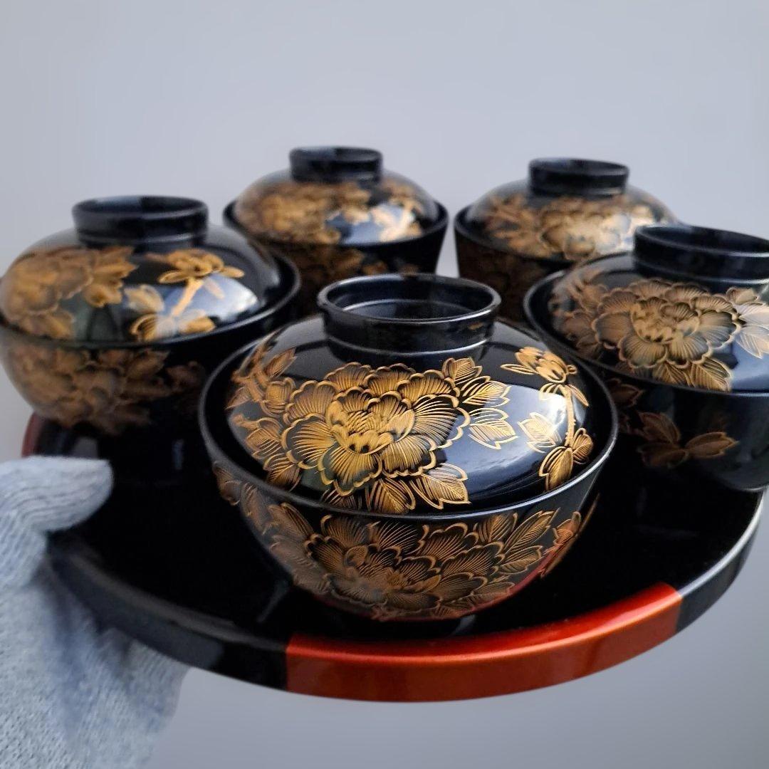 【輪島塗　沈金\"牡丹彫　御吸物椀×5客】布着本堅地　黒塗　未使用品