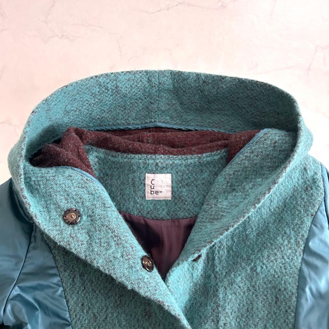 cubecube センソユニコ モヘヤMIX切替フーデットコート ブルーグリーン