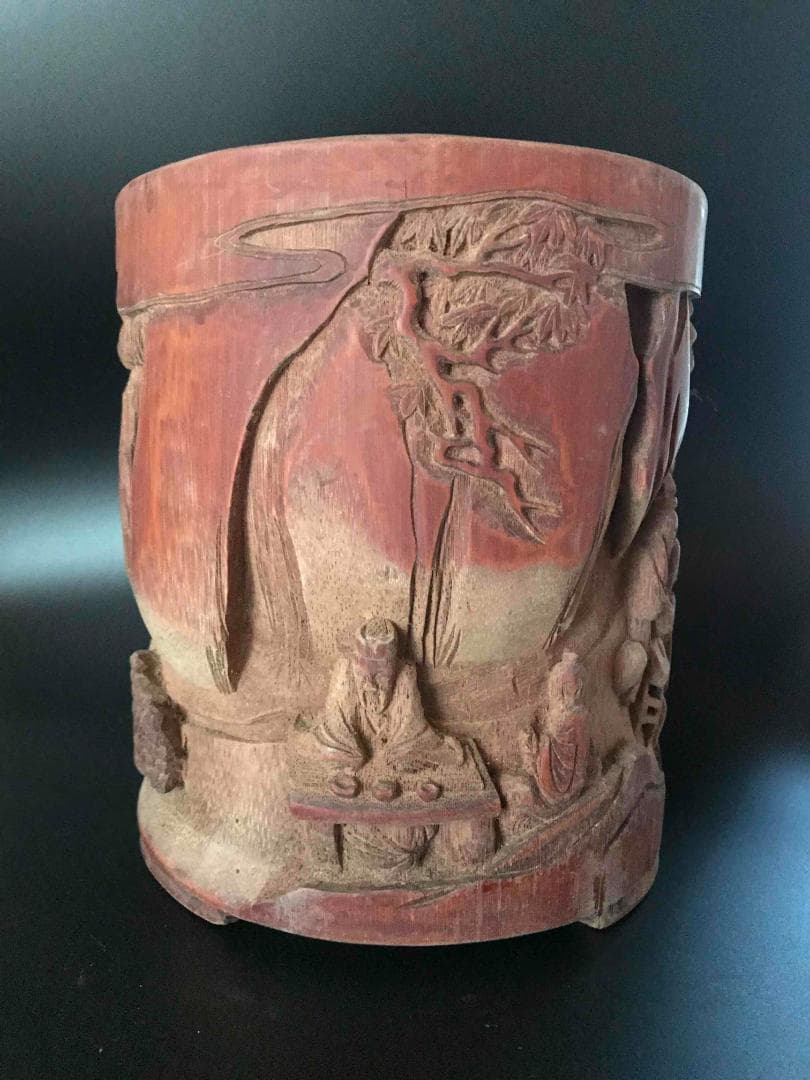 清時代　竹林七仙紋竹筆筒　筆立　筆掛(E-9)