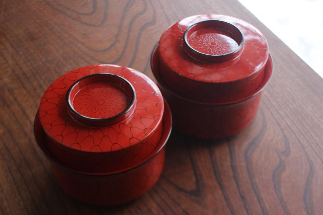 デッドストック！上質朱漆に風情ある網目文の映える筒形大椀2点（検京塗煮物椀