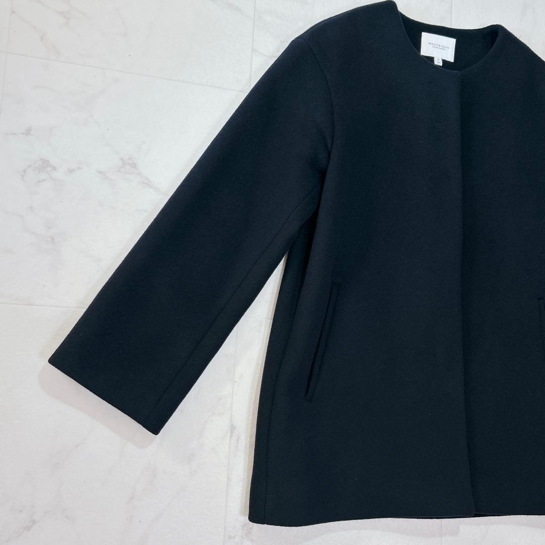 美品 BEAUTY&YOUTH ビーバー ノーカラー ショート コート ネイビー