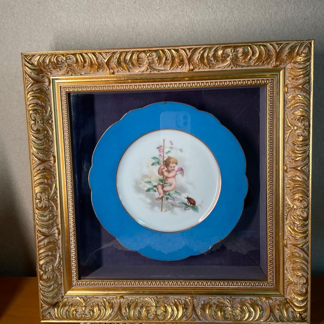 アンティークの額 青い天使の絵柄陶器プレート