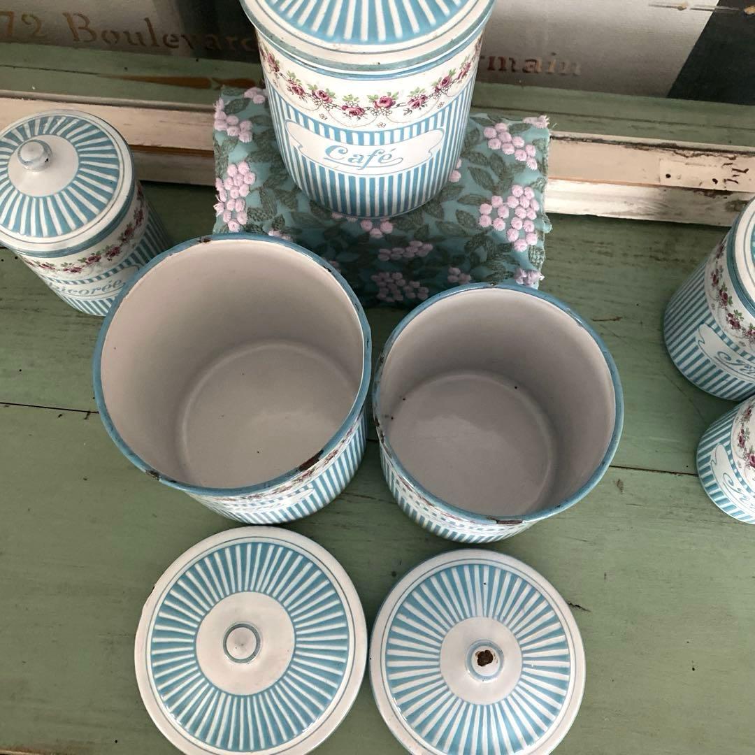 フランスアンティーク ホーロー キャニスター ローズバンド