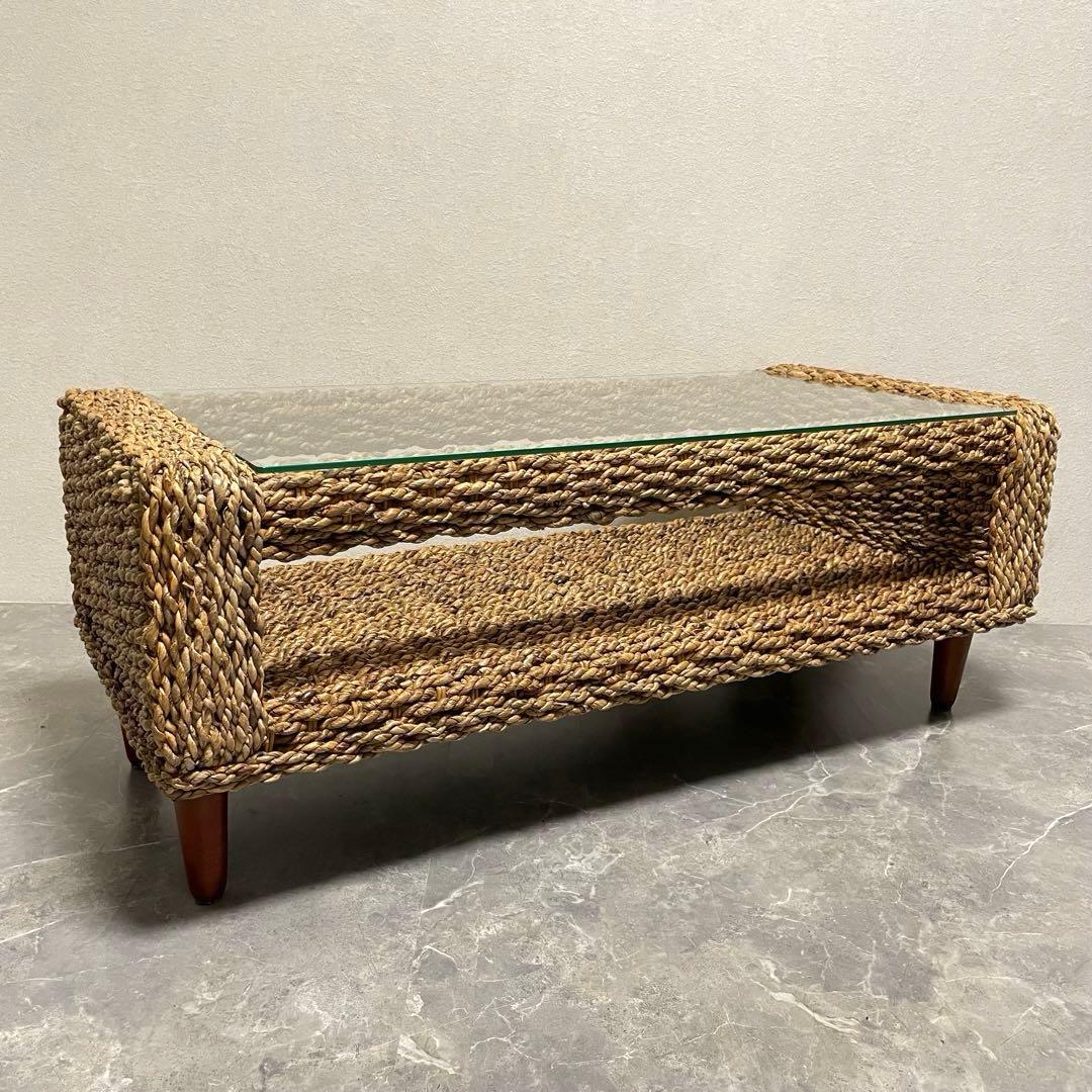 アジアン家具 アバカセンターテーブル 強化ガラス天板 収納棚付き 南国　バリ風