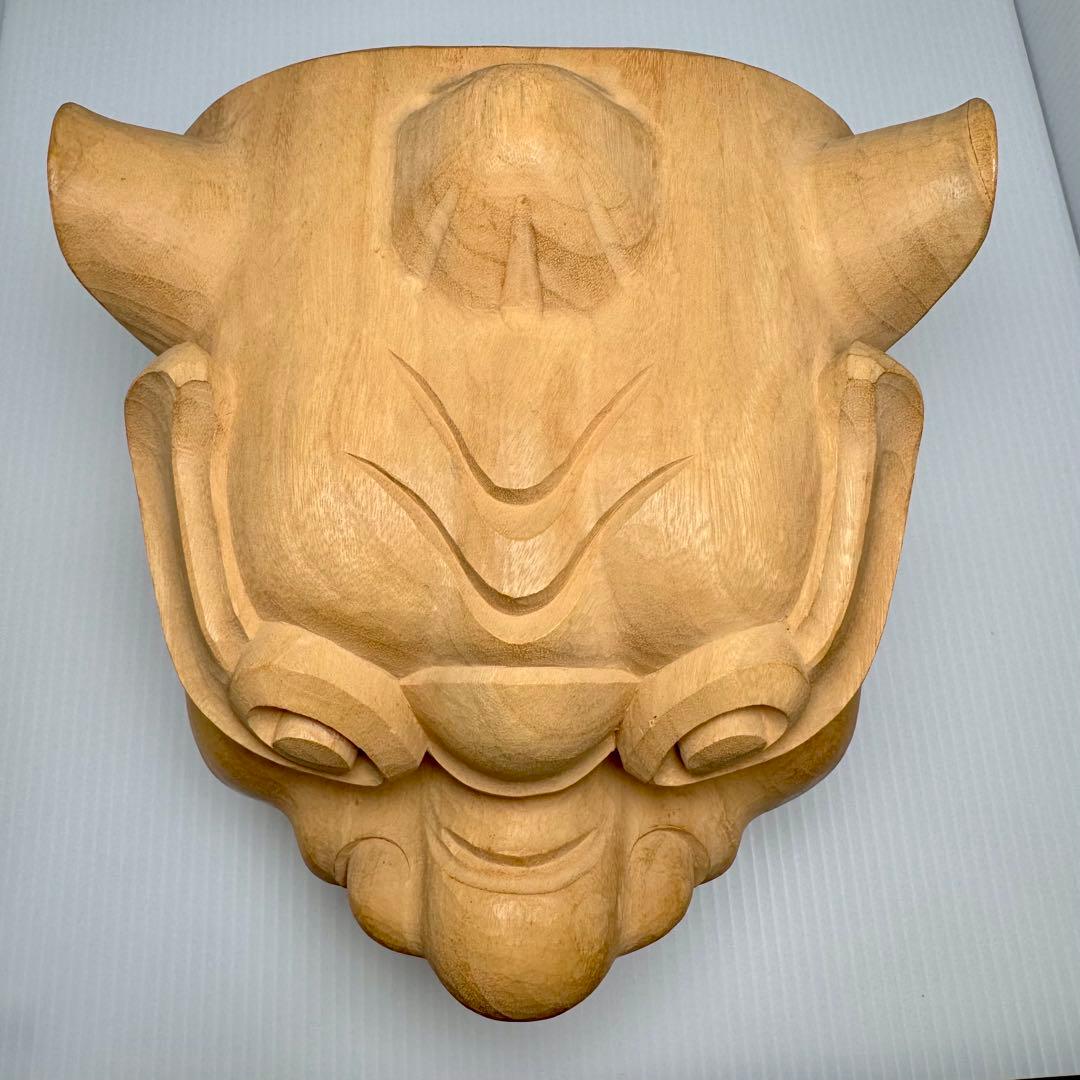 未使用 木彫 獅子頭 横山一夢作 木製 獅子 置物 共箱 説明書 作家物