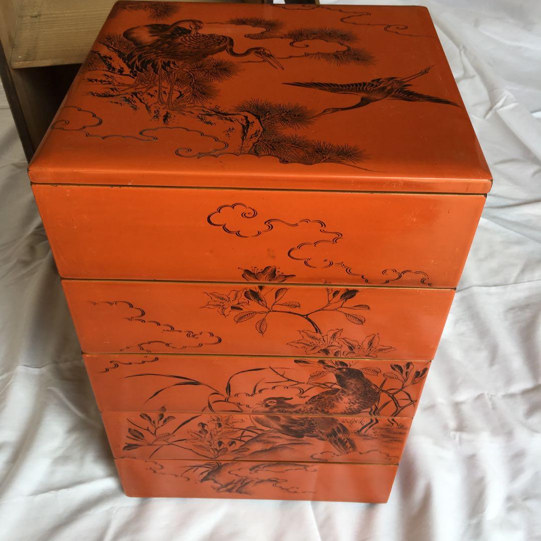 0160　重箱 五重 能州輪島浅朱黒城内梨地花鳥繪