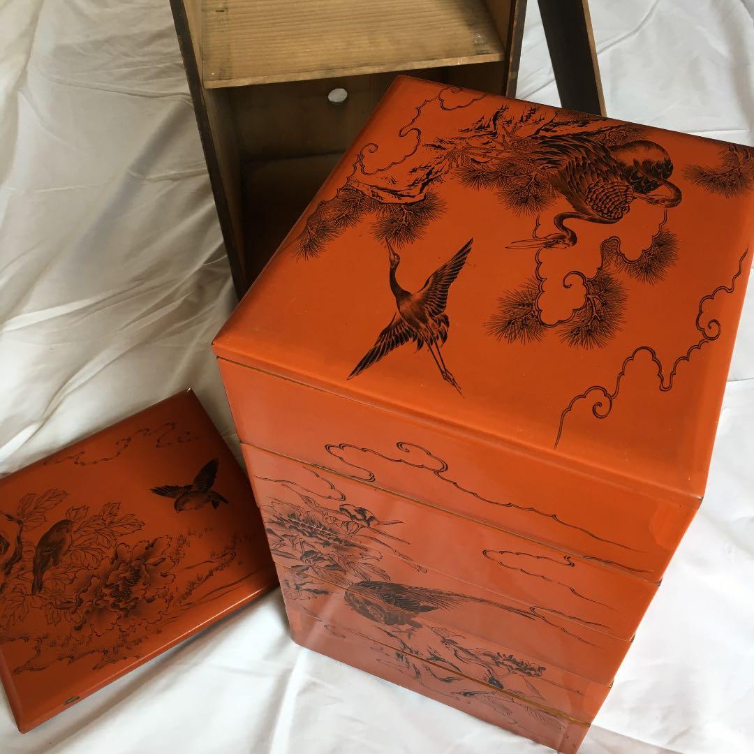 0160　重箱 五重 能州輪島浅朱黒城内梨地花鳥繪