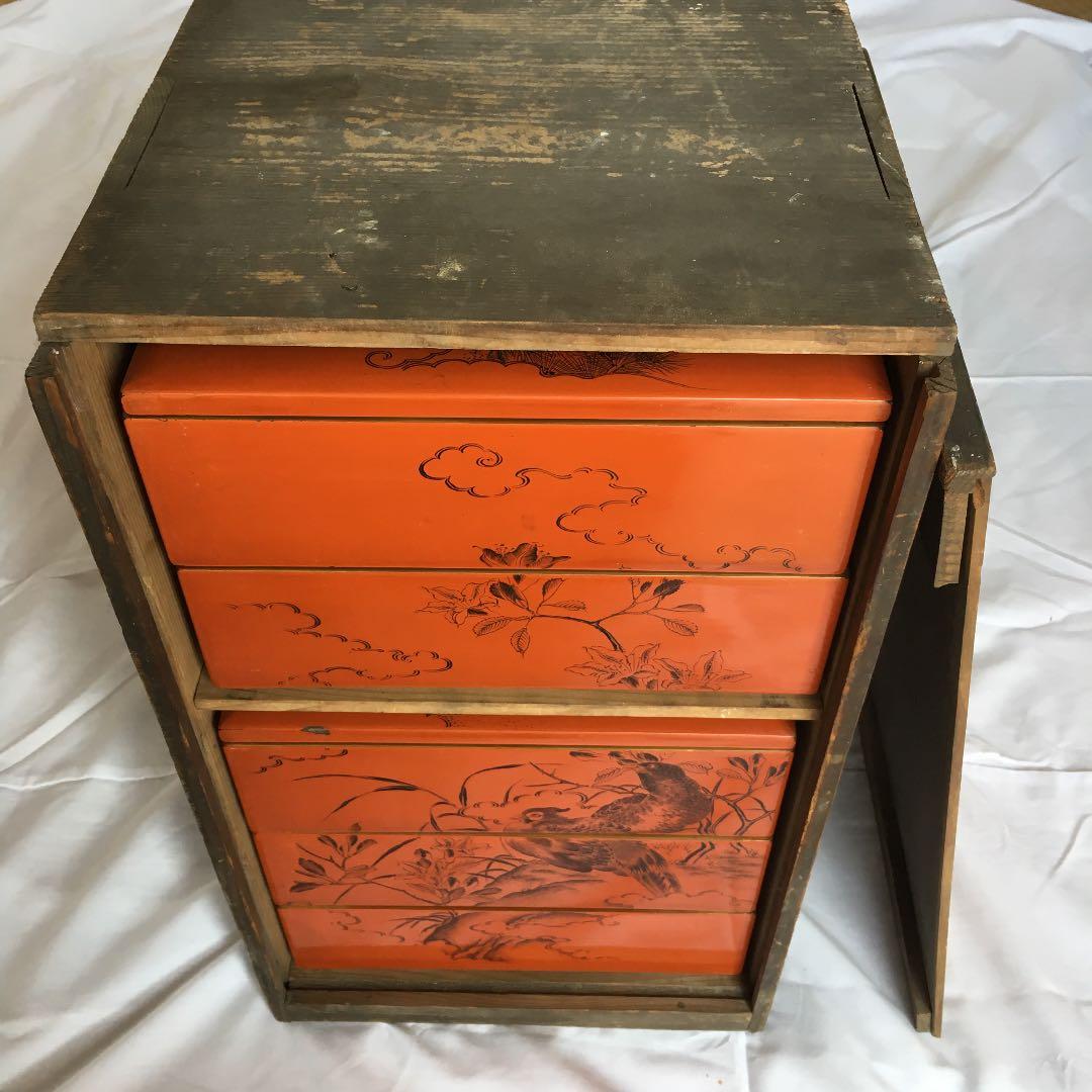 0160　重箱 五重 能州輪島浅朱黒城内梨地花鳥繪