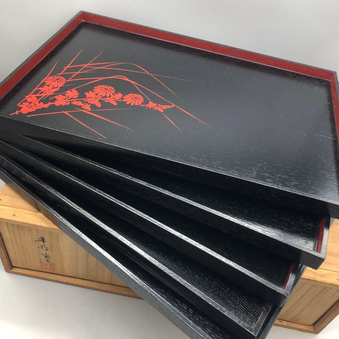 新品未使用木箱入り山田平安堂漆器膳絵違い5種セット宮内庁御用達伝統工芸品