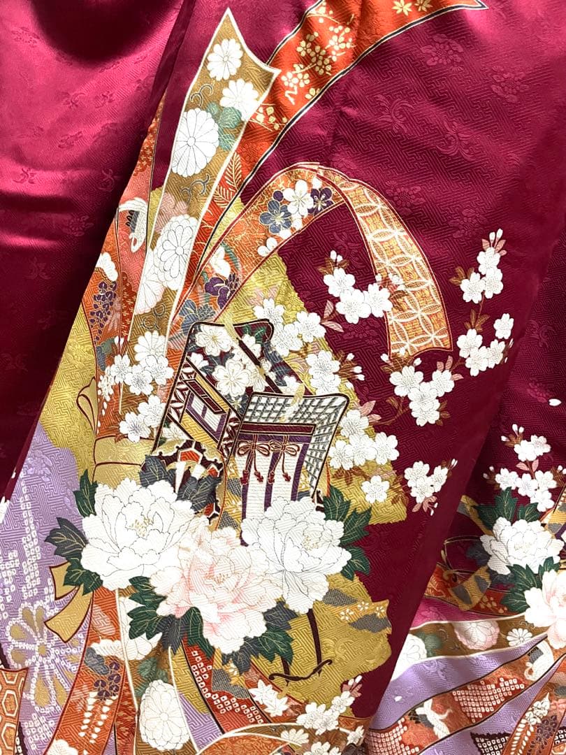 振袖フルセット6点サイズS〜M 束ね熨斗御所車花文　金彩　正絹