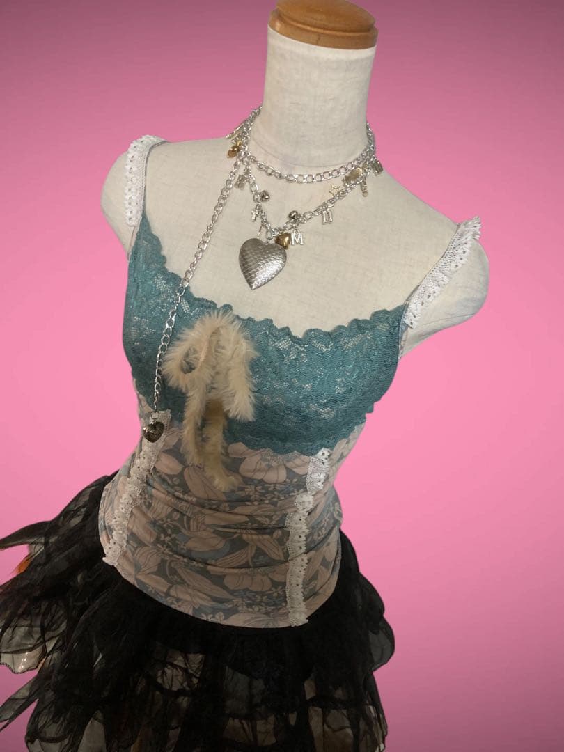 y2kレース甘め姫ギャルNANAファーゴシックフェアリーグランジロックキャミ古着