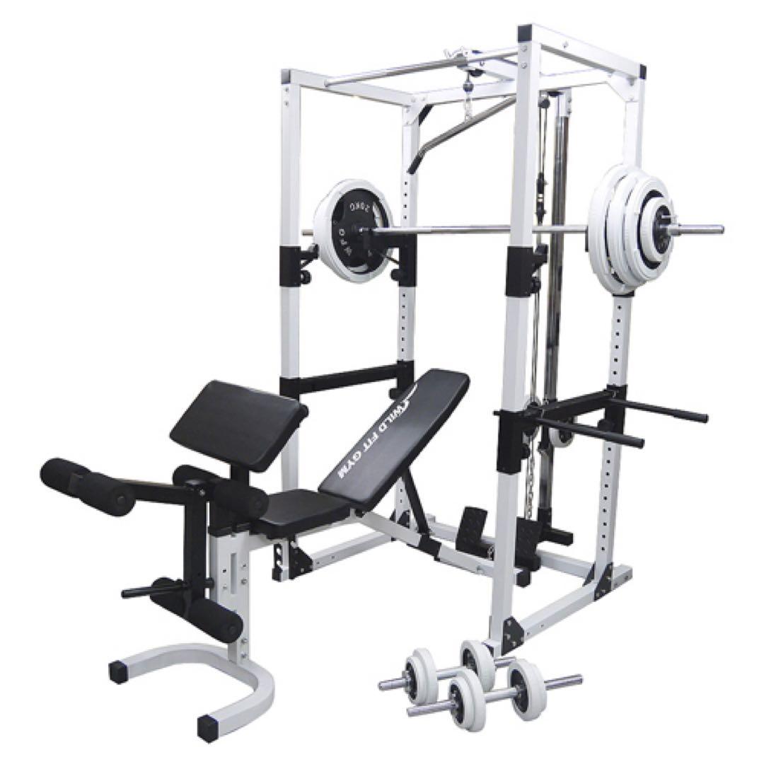 パワーラック140kgバーベル、24kgダンベル、ベンチ、ホームジムセット