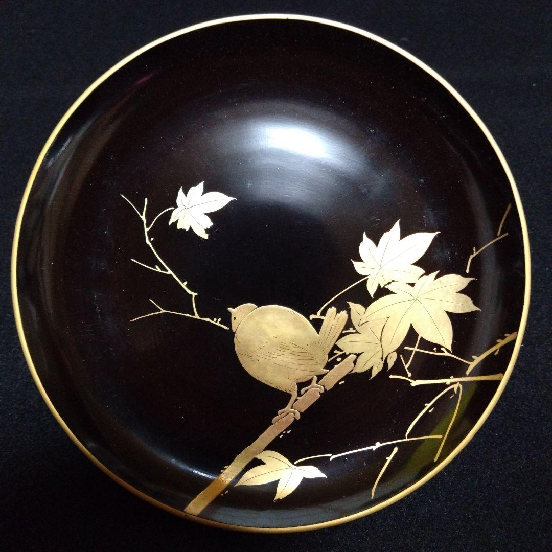 【漆器】輪島塗　江戸期　金蒔絵　金縁　本漆塗　紅葉鳥紋様