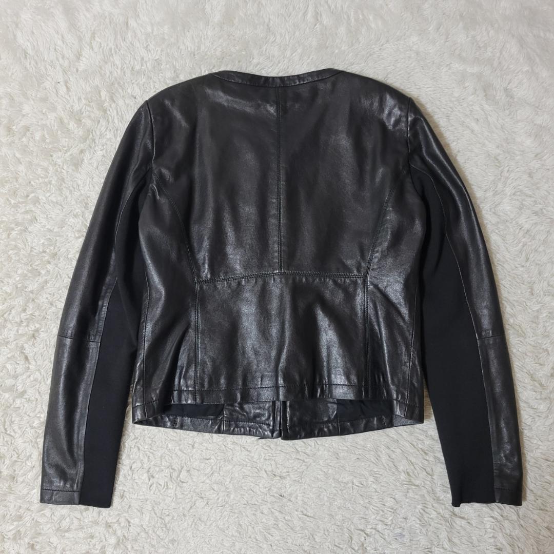 マックスマーラ　ノーカラージャケット　ラムレザー　フリル　2XL相当　ブラック