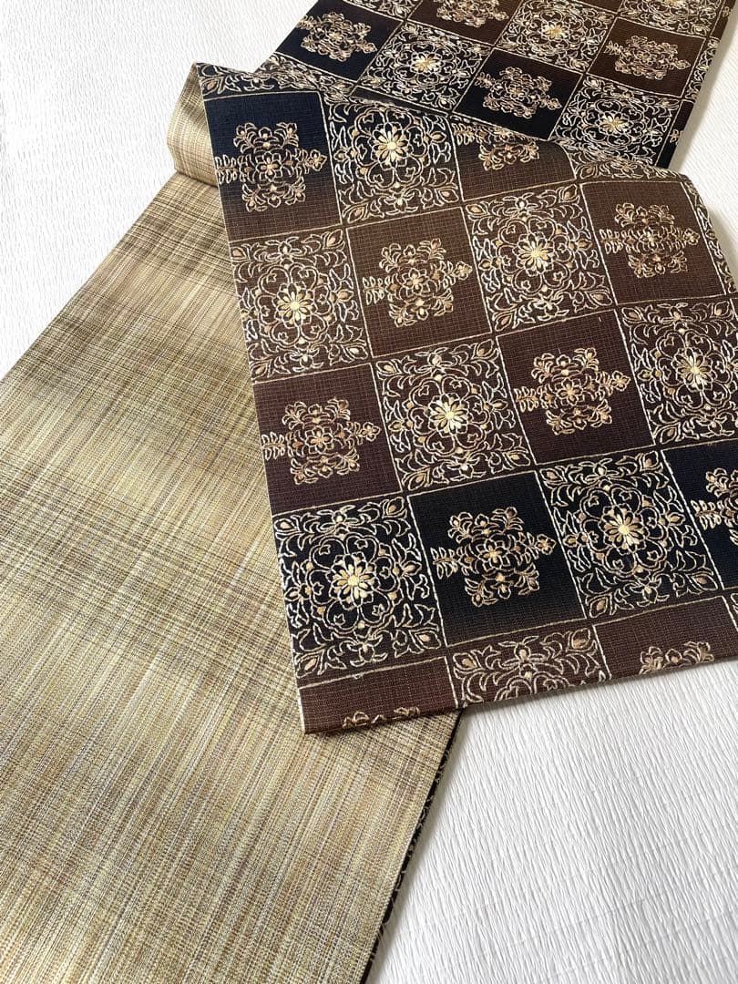 洒落袋帯 大人モダンな総刺繍袋帯 正絹◇ブラウン×ブラック