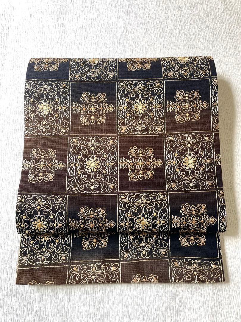 洒落袋帯 大人モダンな総刺繍袋帯 正絹◇ブラウン×ブラック