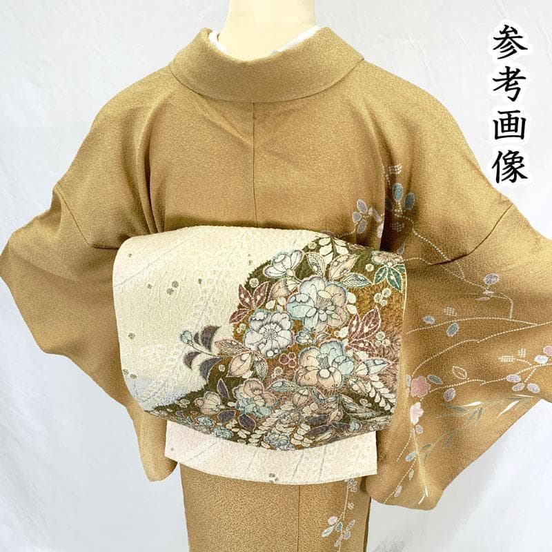 511mh91百貨店取扱い 訪問着 金彩 地紋 辻が花 梅竹 蝶 辛子色☆美品