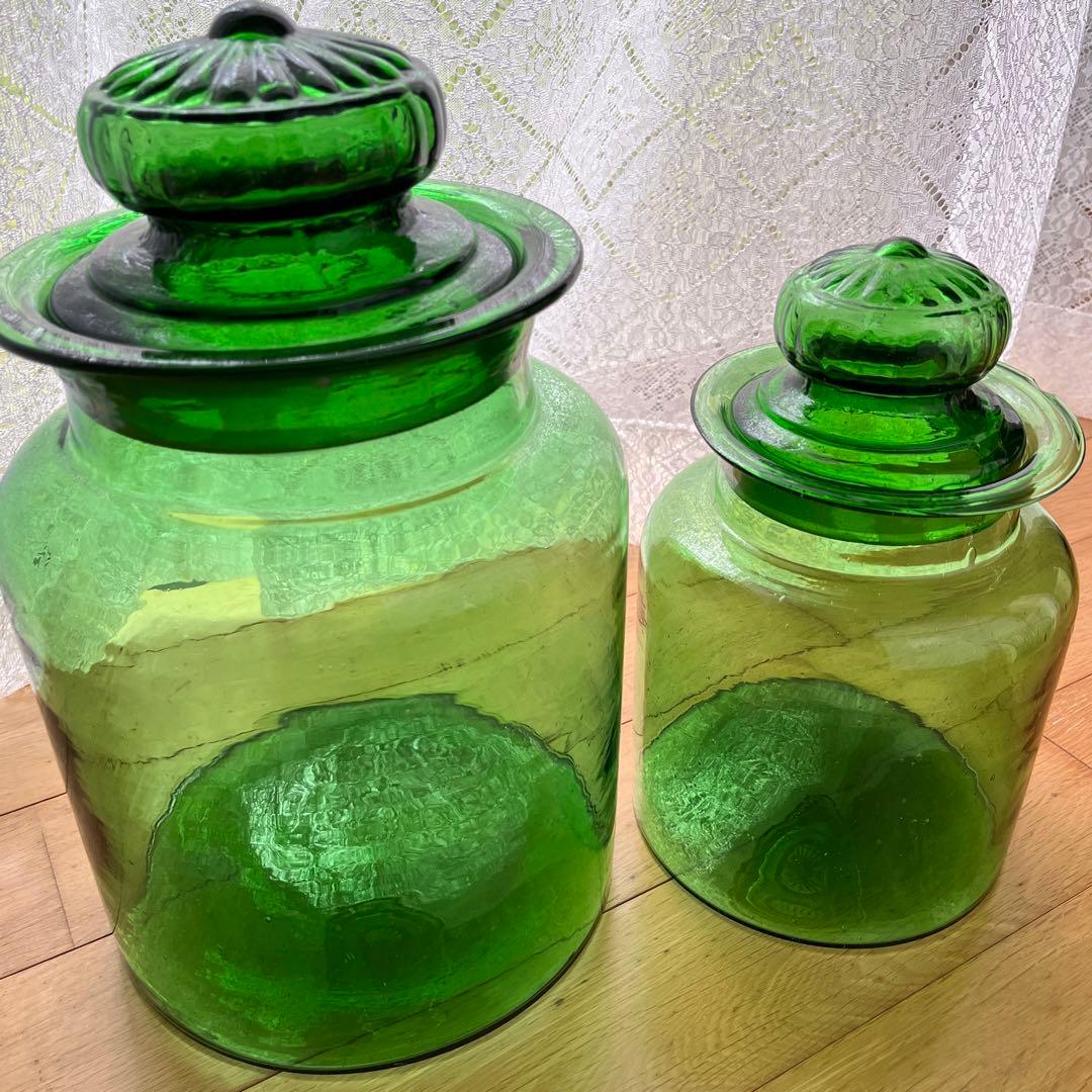 昭和レトロ ガラス瓶 ガラスポット 保存瓶 グリーン 2個セット