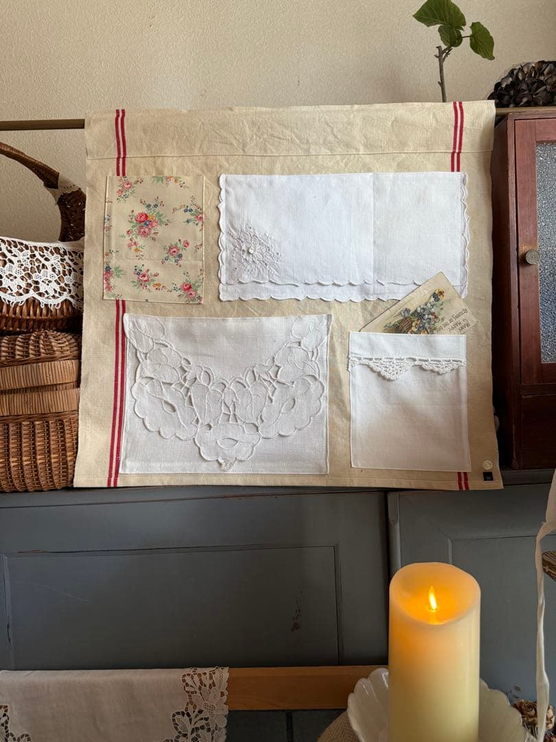 フランスアンティークஐ⋆*大人可愛いウォールポケット・リネン・花柄・刺繍