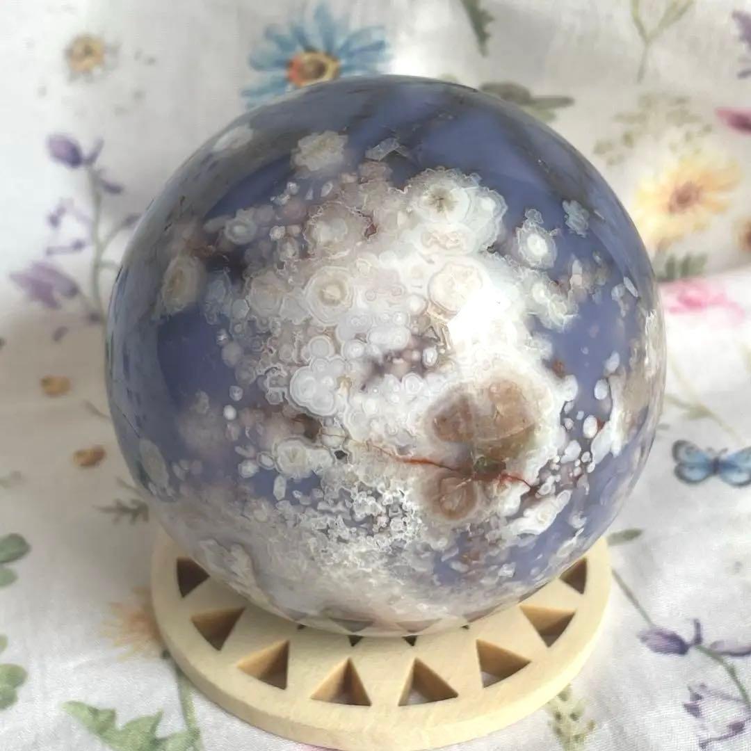 64mm大きなブルー桜瑪瑙 スフィア 天然石 置物