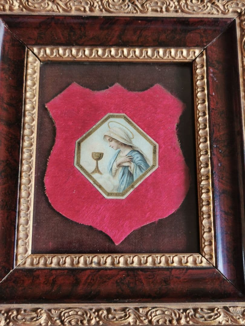 アンティークフランス マリア様の横顔と聖杯 ローズウッド 金彩彫刻ガラスフレーム