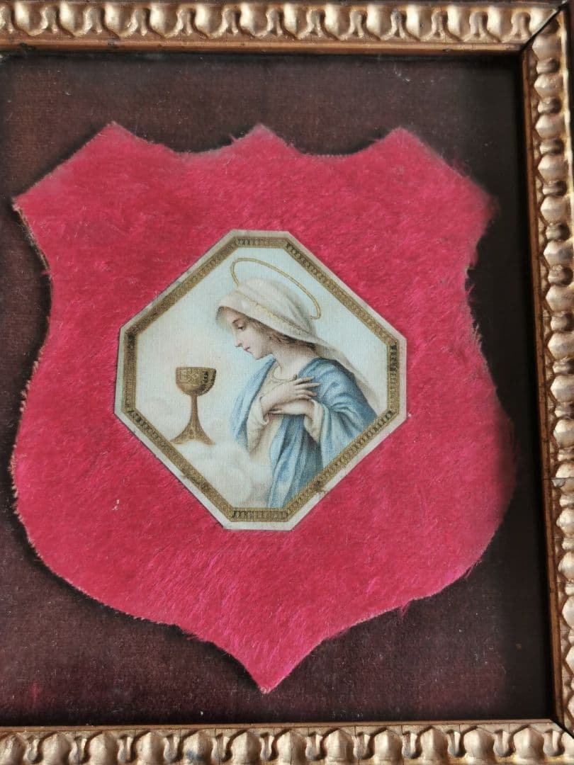 アンティークフランス マリア様の横顔と聖杯 ローズウッド 金彩彫刻ガラスフレーム
