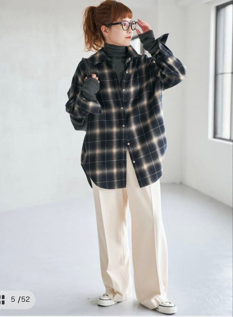 スピックアンドスパン/メタルボタンオンブレーチェックルーズシャツ