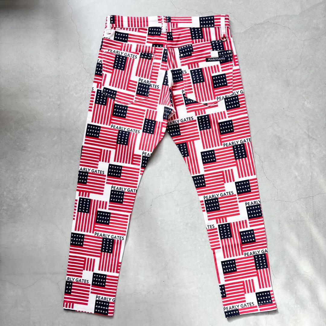 【美品】PEARLY GATES 星条旗 総柄 ストレッチロングパンツ ロゴ刺繍