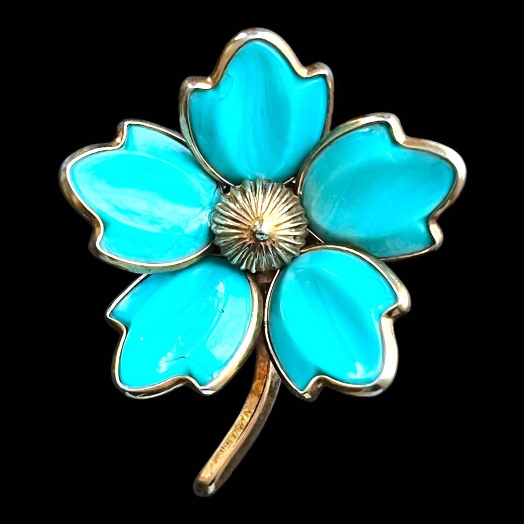 CROWN TRIFARI☆初期☆注ぎガラス☆ターコイズブルーフラワーブローチ