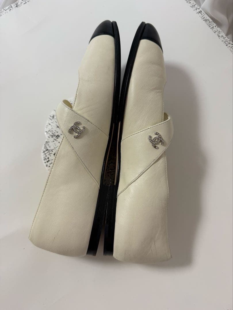 シャネル メリージェーン バレリーナ フラットシューズ ホワイト ツートン 37