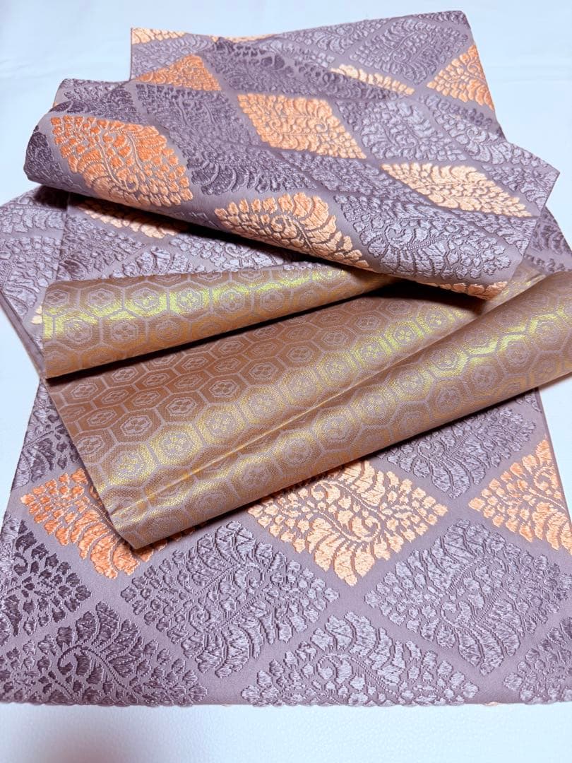 高級 袋帯 正絹 六通柄 総唐織 薄紫色 オレンジ 菱形 フォーマル 約60万円